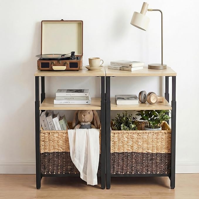 Side Table with Storage Basket and Adjustable Height, Small End Table with Modern Design for Living Room, Bedroom Nightstand Bedside Table for Small Spaces (Light Brown + Classic Black)