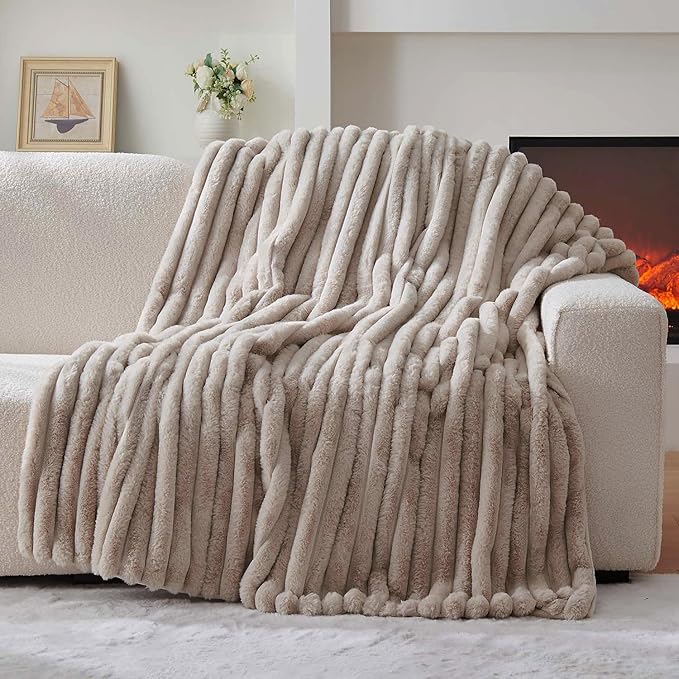 Lotus Karen Faux Fur Twin Blanket for Couch, Cozy Soft Fluffy Fuzzy Linen Blanket, Striped Warm Thick Furry Plush Shaggy Small Blankets for Women, 60x80 Inches