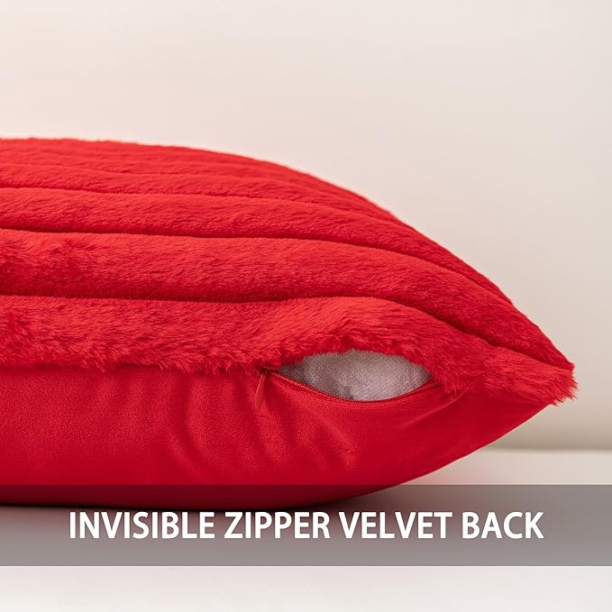 Aegero Pack of 2 Faux Fur Christmas Throw Pillow Covers 20x20 Inch, Soft Plush Striped Neutral Couch Pillow Cover, with Velvet Back Modern Home Decor for Sofa Living Room Couch Bed Red