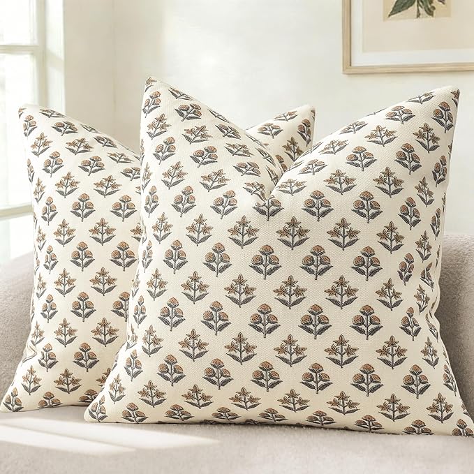 YCOLL Farmhouse Floral Print Throw Pillow Covers 18x18 Set of 2, Rustic Decorative Cushion Covers for Sofa Couch Bed Living Room, Vintage Floral Patterned Cottage Home Decor, Rust Copper