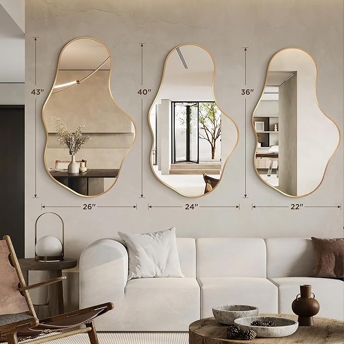 Bathroom Mirrors for Over Sink - Wall Mirrors Decorative 26"x 43" Asymmetrical Abstract Aviation Aluminum Alloy Frame Unique for Bathroom, Bedroom, Living Room, Cloakroom, Entryway Gold