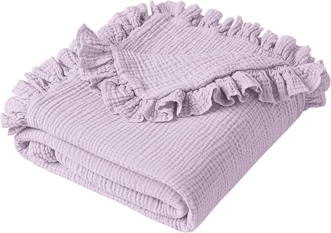 Konssy Flounce Muslin Baby Blanket for Girls Boys, 100% Cotton Soft Crib Swaddle Blankets, Reversible & Breathable Nursery Bedding for Newborns Toddlers, 40 x 36 Inches (Purple)