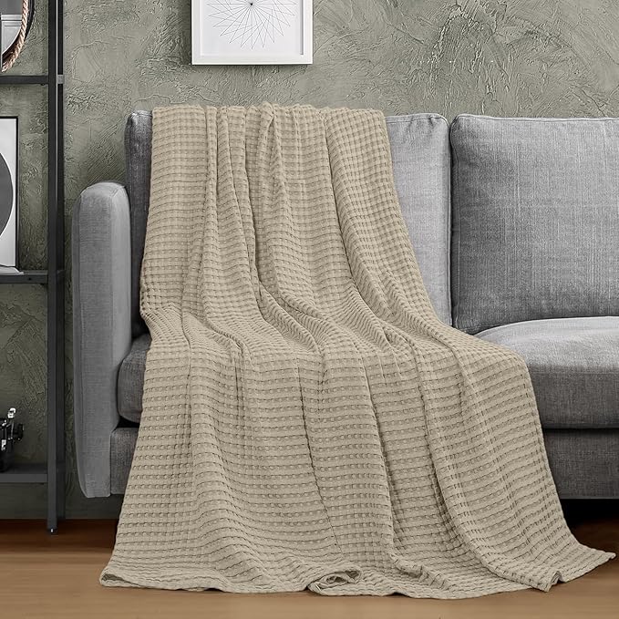 Utopia Bedding Khaki 100% Cotton Waffle Blanket 300 GSM [Twin - 90x72 Inch] Soft Lightweight Breathable Bed Blanket for All Season