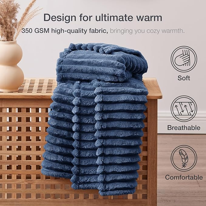 EXQ Home Fleece Throw Blanket for Couch or Bed - 3D Stripe Jacquard Decorative Blankets - Cozy Soft Lightweight Fuzzy Flannel Blanket Suitable for All Seasons(50"×60",Dark Blue)