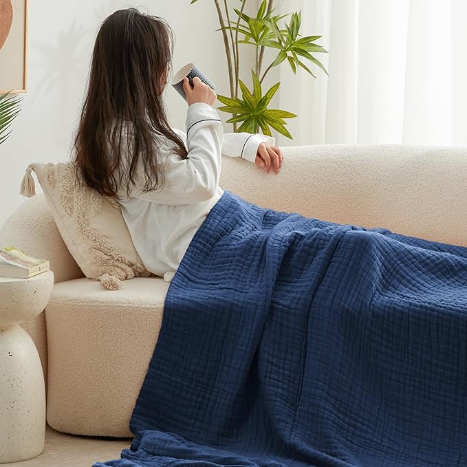Love's cabin 100% Cotton Muslin Blanket, 6 Layer Lightweight Breathable Gauze Twin Size Blanket 60 x 80 Inches, Soft Summer Blanket for Bed or Couch, Dark Blue