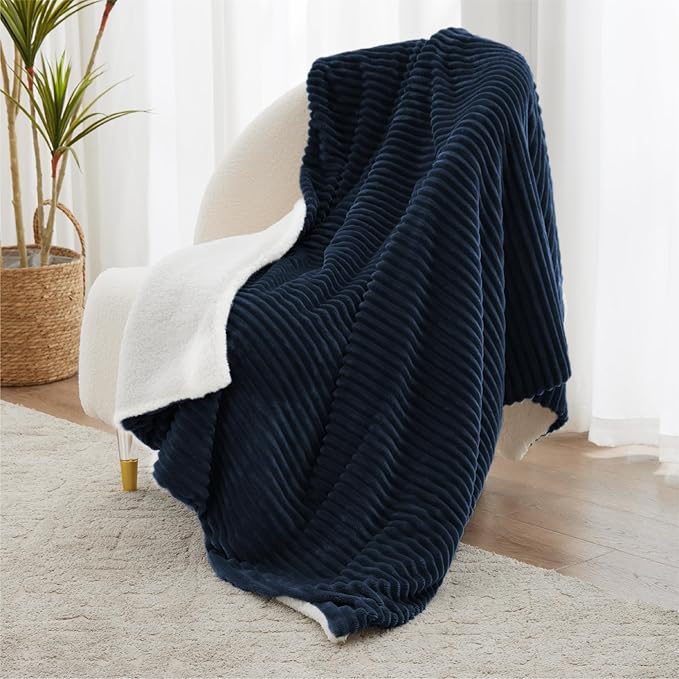 Navy Blue Throw Blanket - Soft Cozy Sherpa, Warm for Winter, Reversible for Sofa, 50 x 60 Inches