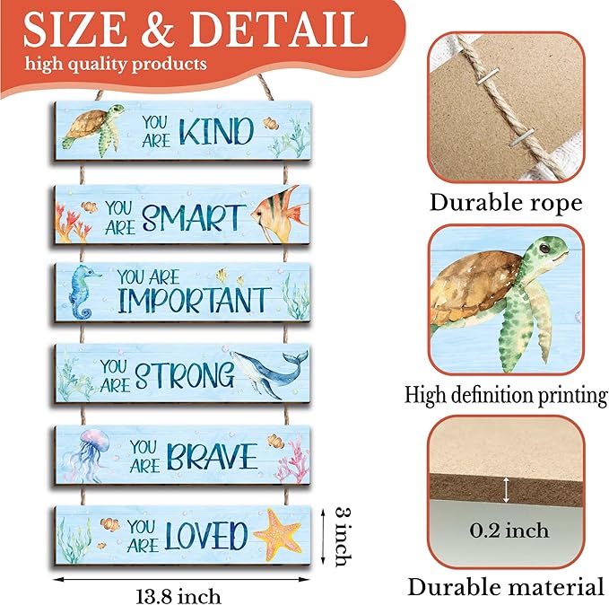 6 Pieces Ocean Decor Kids Room Decor, Inspirational Watercolor Ocean Positive Quotes Wall Art Decor for Teens Children Bedroom, Works of Art Made of Wood, Works of Art of Wood, Placards of Woods