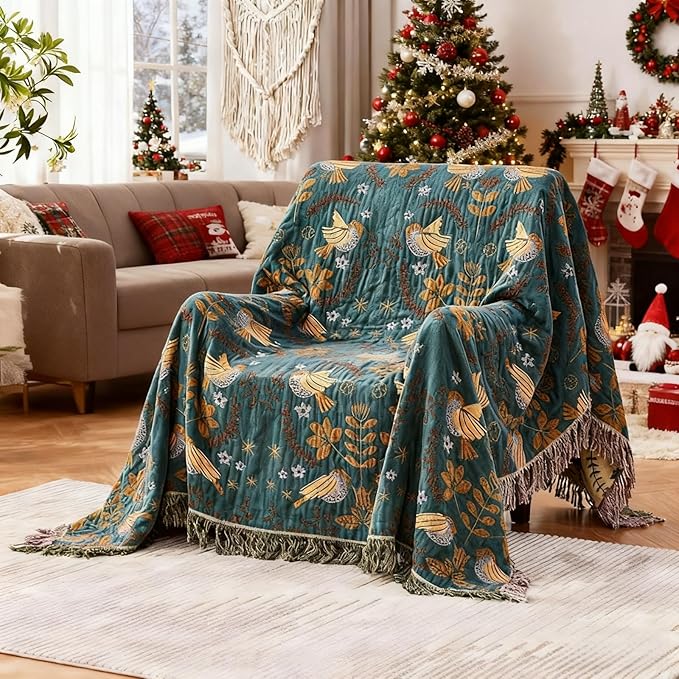 Boho Blanket for Bed 100% Cotton Bohemian Throw Blankets Ultra Soft Woven Muslin Decorative Blankets All Seasons Vintage Quilt Knitted Blanket for Sofa Chair (Colorful, 60"x80")