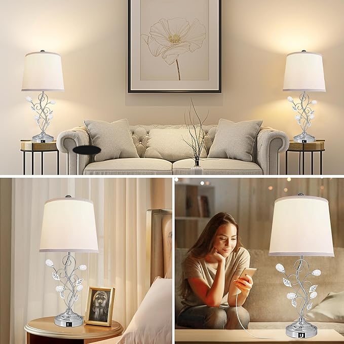 24.5in Modern Table Lamps - Set of 2, Silver with 2 USB Charging Ports, White Bedside Lamps for Nightstand, Unique Vine Leaf Design for End Table Reading