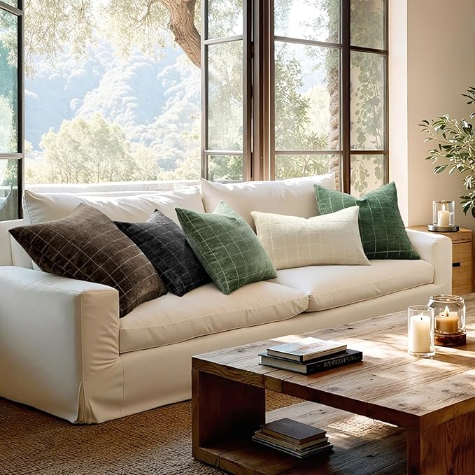 MIULEE Decorative Chenille Check Throw Pillow Covers Vintage Plaid Couch Pillows 20x20 Inch Set of 2 Neutral Boho Farmhouse Cushion Covers Modern Spring Home Decor for Sofa Bed Living Room Sage