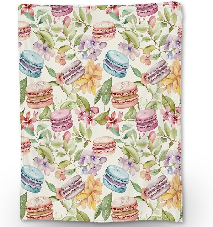 Macaron & Floral Blanket | Soft Fuzzy Warm Lightweight Flannel Throw Blanket Perfect for Couch, Bed, Travel & Outdoor Use, Cozy Blankets for Adults Kids Women 60×50 in