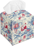 Blue Chinoiserie Tissue Box Cover Leather, Christmas Santa Claus Tissue Box Cover Square, Xmas Gift Ideas for Family Friends, Bathroom Kitchen Car Office Home Table Decor(5.2 Inches)-B16