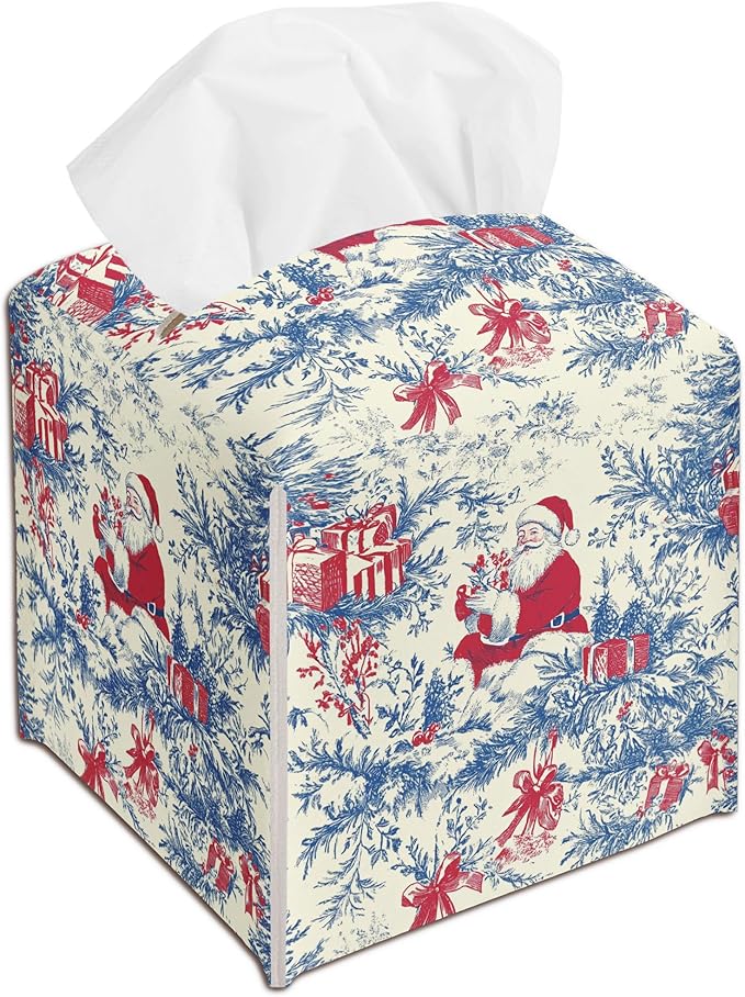Blue Chinoiserie Tissue Box Cover Leather, Christmas Santa Claus Tissue Box Cover Square, Xmas Gift Ideas for Family Friends, Bathroom Kitchen Car Office Home Table Decor(5.2 Inches)-B16