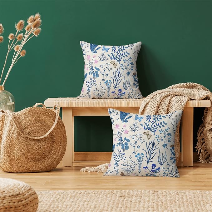 AEIOAE Summer Pillow Covers 18x18 Inch Set of 2,Blue Wild Flower Plant Throw Pillows Case,Seasonal Floral Outdoor Decorative Square Linen Farmhouse Decor Cushion Covers for Home Sofa Bed Couch
