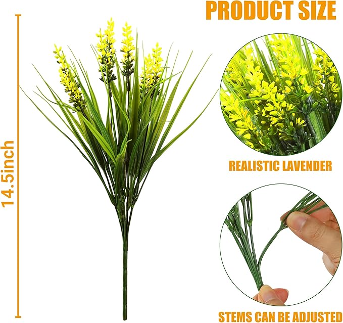 Sggvecsy 12 Bundles Artificial Plants Outdoor Faux Lavender Flowers Fake Monkey Grass UV Resistant Plastic Greenery Plants for Garden Home Porch Window Patio Hanging Planter Indoor Decor (Yellow)