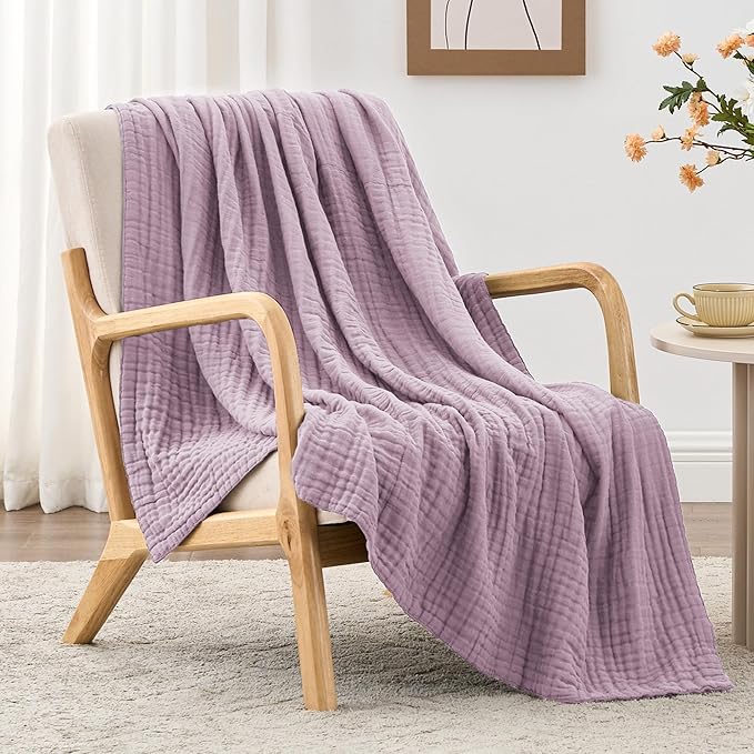 Love's cabin 100% Cotton Muslin Blanket, 6 Layer Lightweight Breathable Gauze Large Throw Blanket 50 x 70 Inches, Soft Cooling All Season Blanket for Couch or Sofa, Lavender
