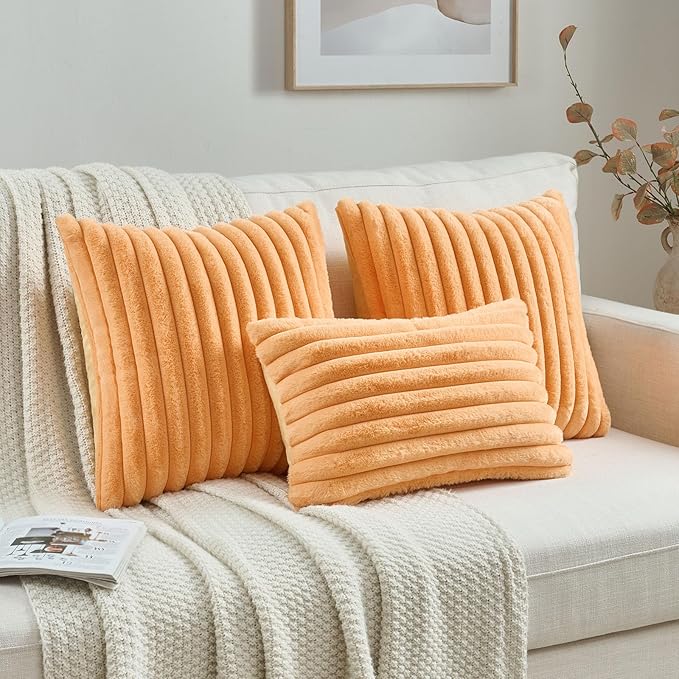 FUTEI Orange Decorative Throw Pillow Covers Set of 2, 12x20 Inch Soft Fluffy Faux Fur Plush Striped Lumbar Pillowcases, Modern Home Decor for Couch Bed Living Room