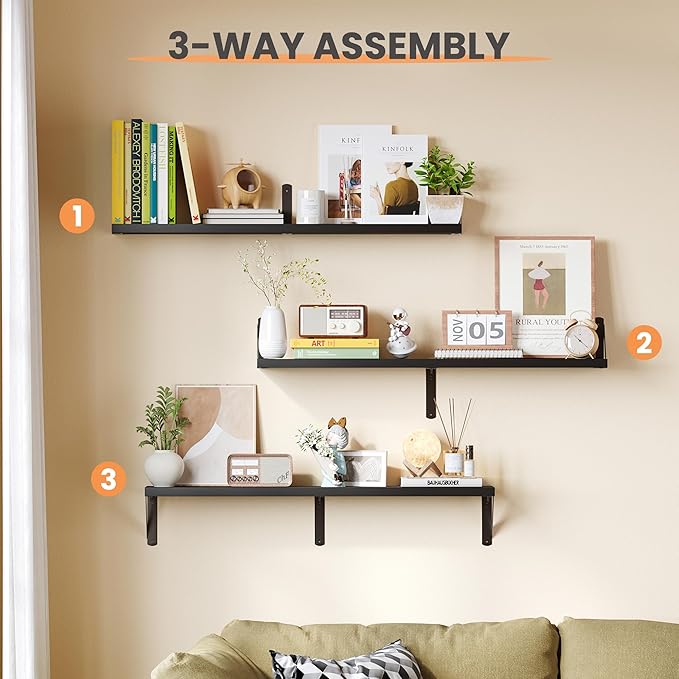 upsimples 35.4 Inches Floating Book Shelves for Wall, Long Floating Wood Shelves for Living Room, Library, Bedroom, Office Organizer and Storage, Black