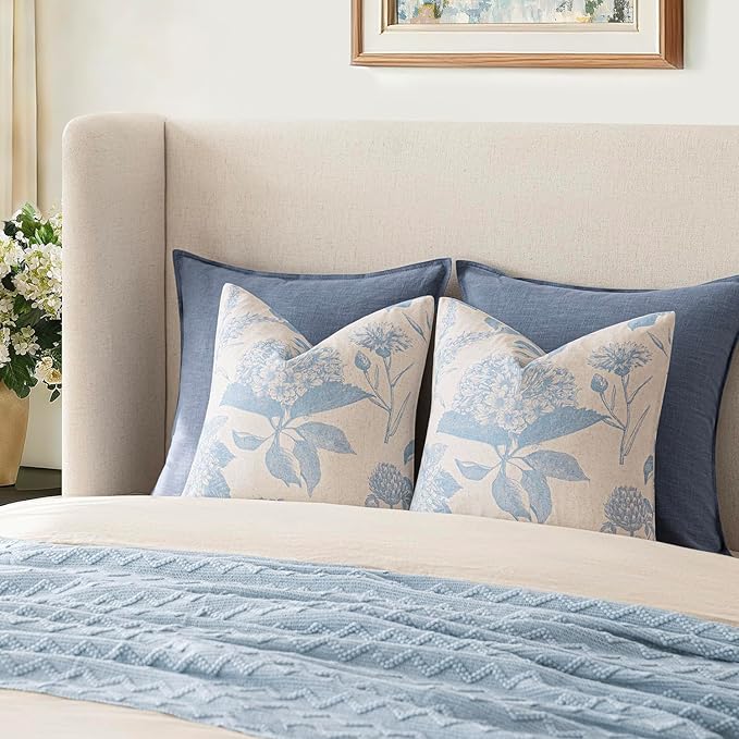 Foindtower Set of 2 Linen Floral Vintage Throw Pillow Covers Neutral Accent Decorative Cozy Cushion Covers Farmhouse Boho Home Decor for Sofa Chair Couch Bedroom Living Room,18×18 Inch,Sky Blue
