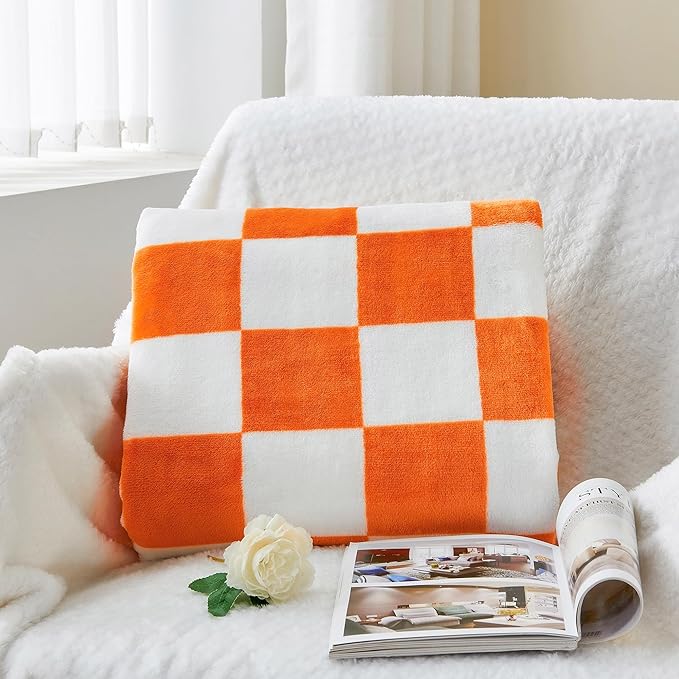 BEDELITE Checkered Throw Blanket for Couch, Soft & Cozy Fleece Flannel Blanket with Checkerboard Grid Home Decor, Checkered Orange Tennessee Blanket, 50x60 Inches