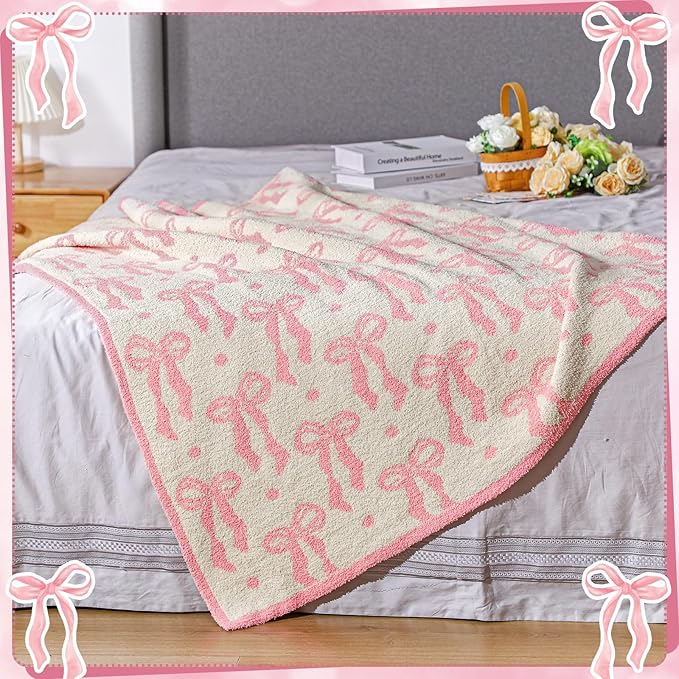 Buryeah Pink Bow Blanket Soft Microfiber Double Sided Bow Throw Blanket 50"x 60" Coquette Aesthetic Plush Bedding Stuff Sofa Chair Dormitory Room Decor for Women, Wedding Bridesmaid Gifts, Mother