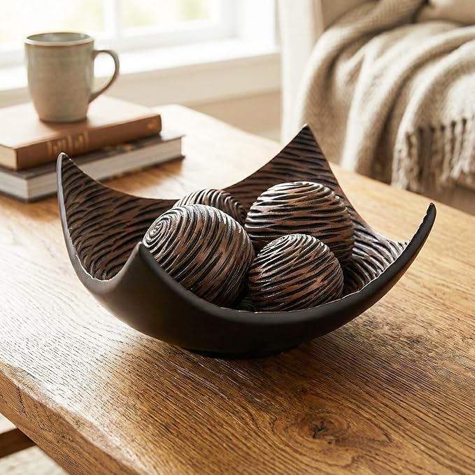 Seraphic 5pc Large Decorative Scoop Bowl Set with Stylish Orbs/Balls – Elegant Centerpiece for Dining/Kitchen Table, Living Room, or Office Decor, 14" diagonal. 11" wide and 5.75" tall, Brown