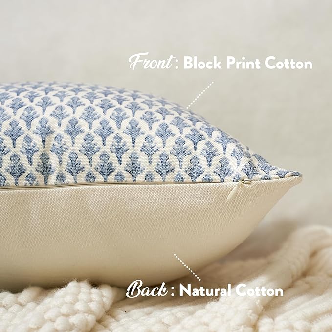 FIOUOVO Floral Pillow Covers 24x24 Pillow Cover Block Print Couch Pillows for Living Room Decorative Neutral Accent Throw Pillow Covers, 1PC, Aqua Blue