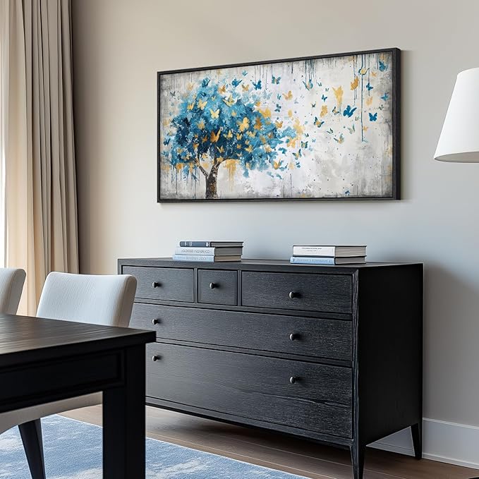 Framed Large Tree Wall Art, Blue and Gold Abstract Tree of Life Canvas Painting Print Artwork for Walls, Modern Golden Butterfly Picture for Living Room Bedroom Dining Room Hallway Wall Decor, 20x40