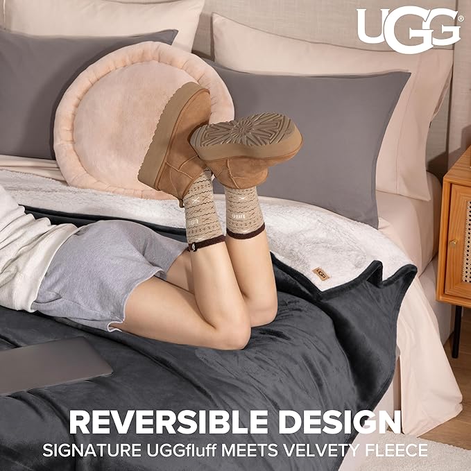 UGG Nita Full/Queen Blanket, Cozy Soft Queen Bedding, Plush Fleece Blanket for Bed, Extra Large Throw for Couch, Luxury Bedroom Decor, 90-inch x 90-inch, Charcoal Grey