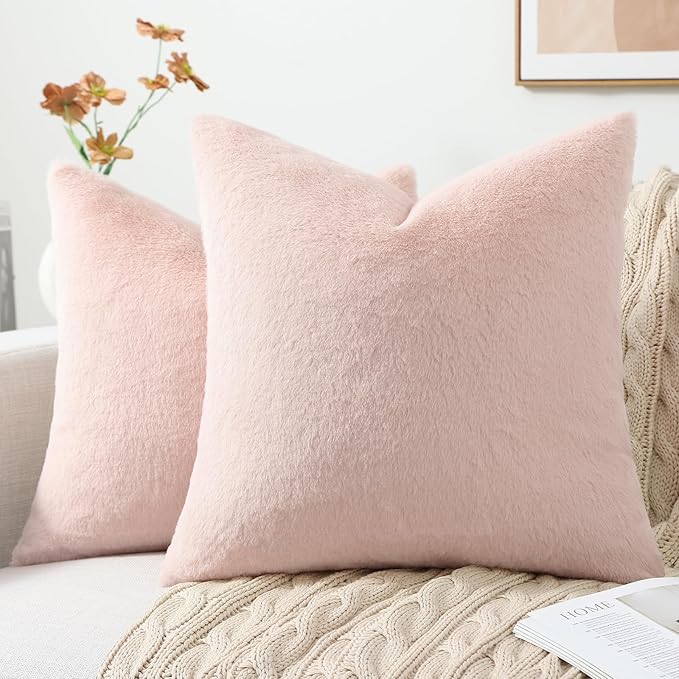 Pallene Faux Fur Plush Throw Pillow Covers 24x24 Set of 2, Luxury Soft Fluffy Cozy Decorative Pillow Covers for Sofa, Couch, Living Room, Blush Pink