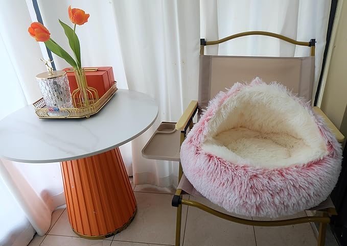 Calming Round Dog Bed & Cat Cave with Hooded Cover, Plush Fluffy Anti-Anxiety Cat Bed, Waterproof Bottom Washable (Pink, 20x20inch)