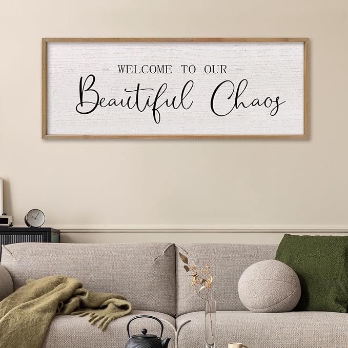 comurdyo Welcome To Our Beautiful Chaos Sign 32"X12" for Farmhouse Living Room Wall Decor Home Rustic Large Family Wood Framed Wall Art Plaque Hanging (Wood)