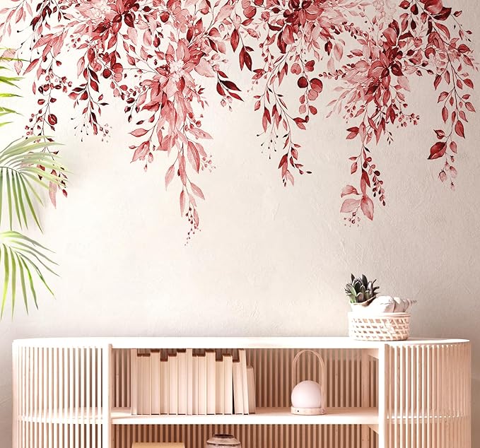 Burgundy Red Plants Leaves Wall Decals Peel and Stick, Large Floral Flowers Vinyl Wall Stickers, Removable Vine Home Decor Art for Bedroom Living Room Classroom Office