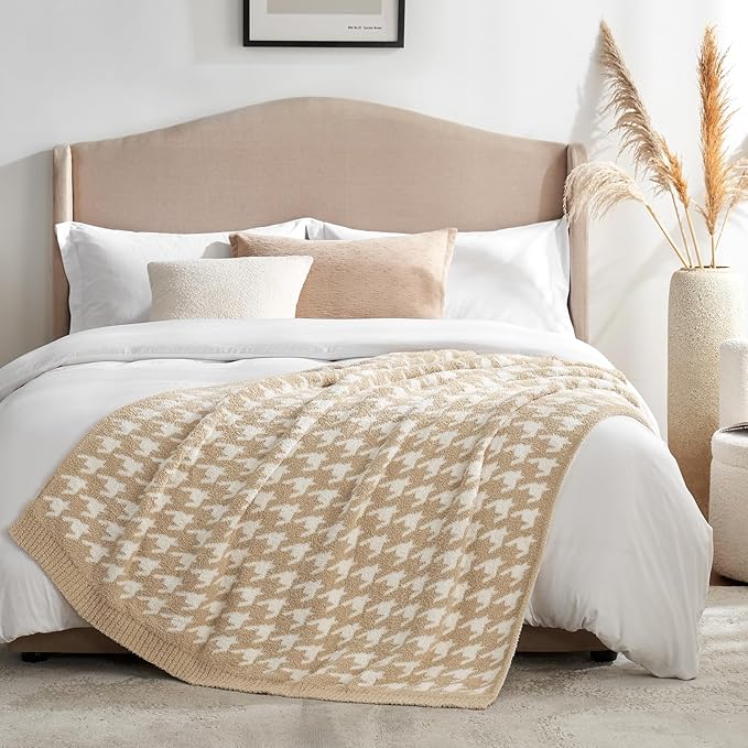 Snuggle Sac Throw Blanket for Couch, Reversible Super Soft Warm Blankets Cozy Knit Fuzzy Plush Lightweight Throws for Sofa, Bed, Camping,Houndstooth Beige,50x60 inches