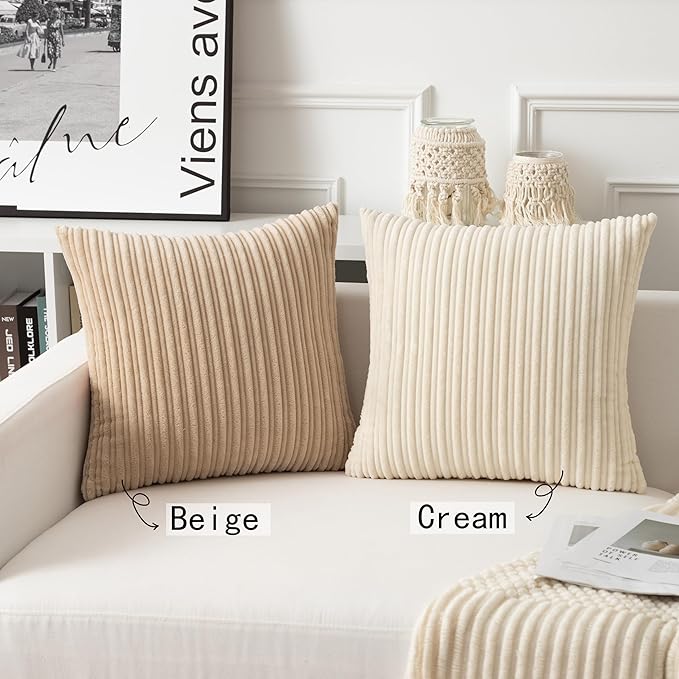 UGASA Velvet 24x24 Inch Soft Throw Pillow Cover Boho Farmhouse Decorative Corduroy Striped Both Sides Solid Square Cushion Case for Couch Bedroom Sofa Home, 1 Piece, Beige