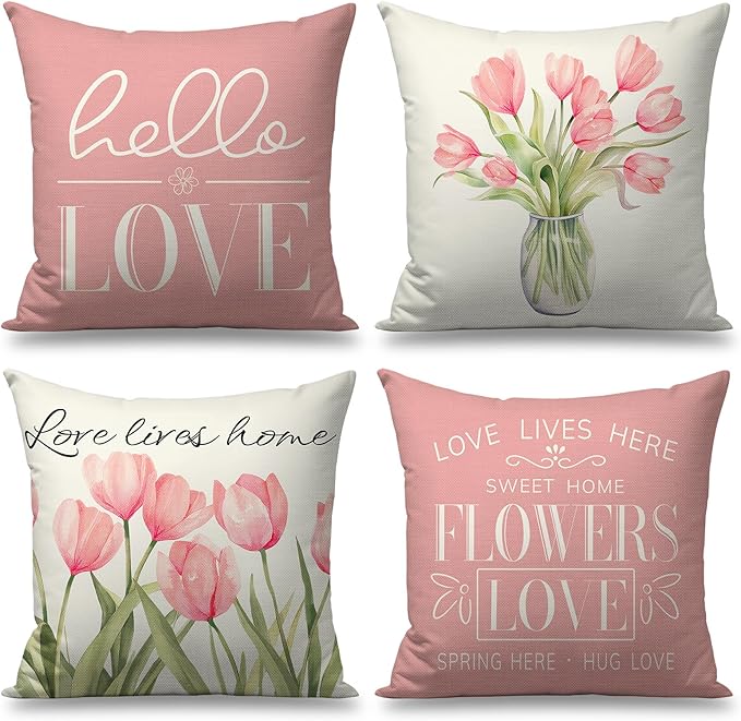 Pillow Covers 16x16 Inch Set of 4 Tulip Home Sweet Home Pink Throw Pillows Decorative Pillow Cases Hello Summer Spring Seasonal Farmhouse Decorations for Sofa Couch