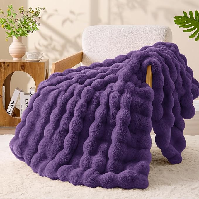 BEDELITE Faux Fur Throw Blanket, Soft Cozy Plush Purple Bubble Blanket for Couch Sofa Bedroom Living Room Decor - 870GSM Thick Warm Fuzzy Fluffy Faux Rabbit Fur Blanket for Women Gift, 50x60 Inches