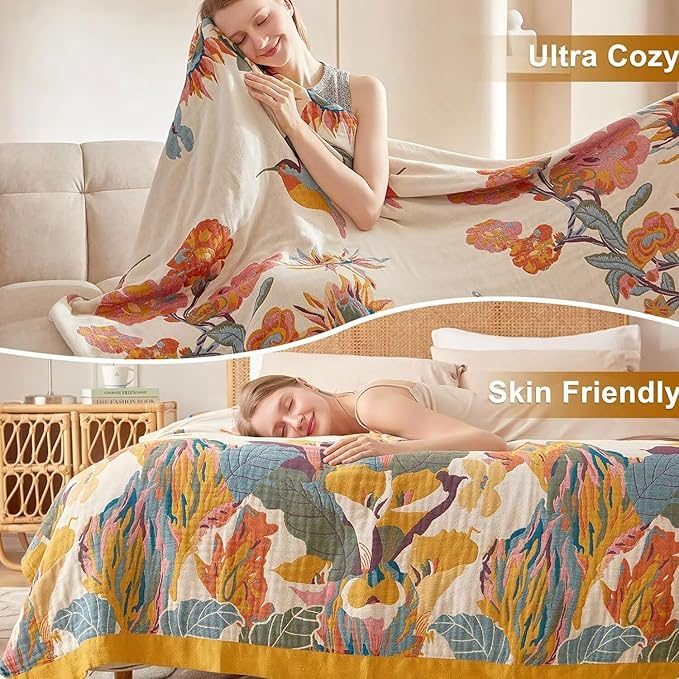Boho Throw Blanket - 100% Cotton Soft Throw Blanket for Bed, 90"x90" Reversible Breathable Lightweight Spring Blankets, All Seasons Farmhouse Decor Floral Plant Butterfly Throw Quilt