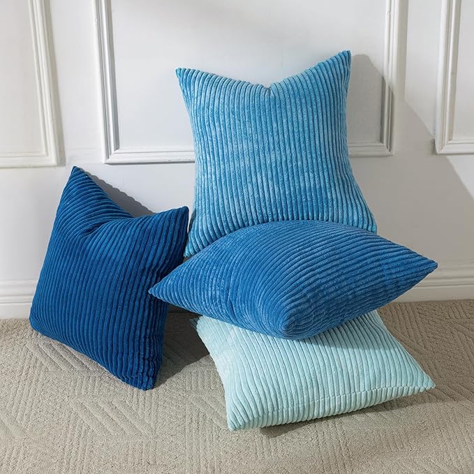 Volcanics Set of 4 Light Blue Corduroy Decorative Couch Throw Pillow Covers 18x18 Inch, Soft Modern Boho Striped Accent Cushion Cases for Beach, Patio, Balcony, Summer Gradient Shams Home Decor
