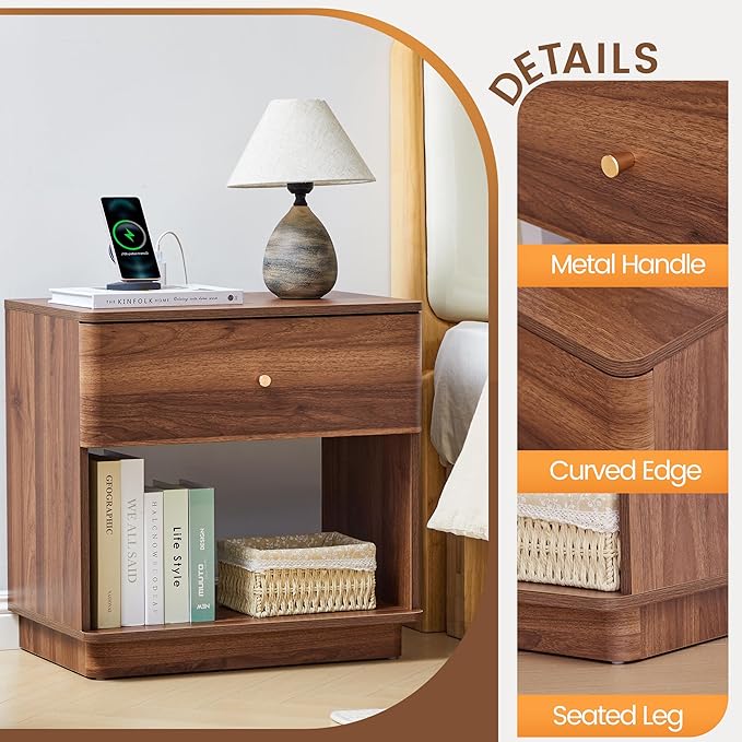Modern Night Stand with Charging Station for Bedroom, Nightstand Bedside Table with Drawer and Storage Shelf for Bedroom (Walnut-Charging Station-1 pc)