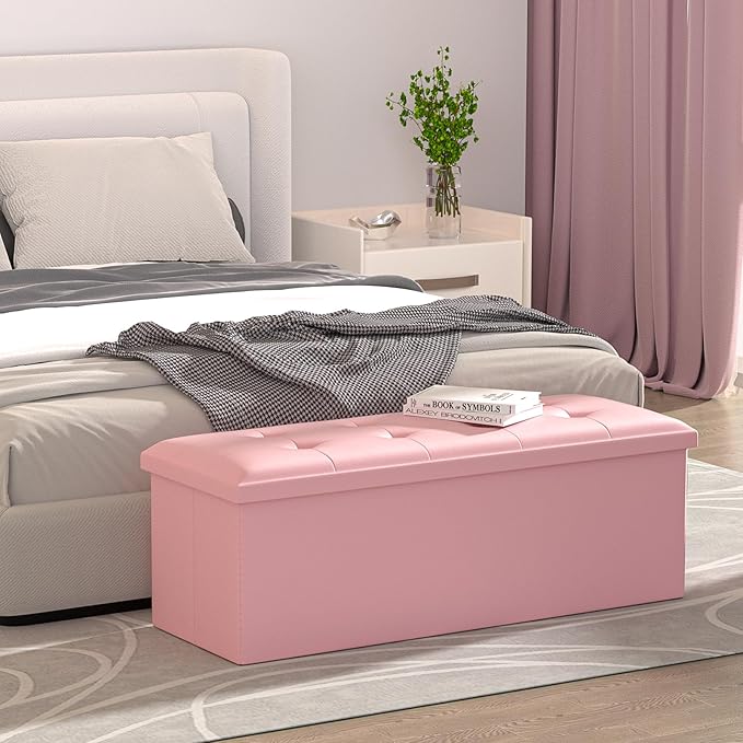 MoNiBloom 43 Inch Storage Ottoman Bench, 34 Gal. Folding Ottoman Footrest, End of Bed Bench, Rectangle Foot Stool, Supports 600 lbs, for Bedroom, Living Room, Entryway, Hallway, Light Pink