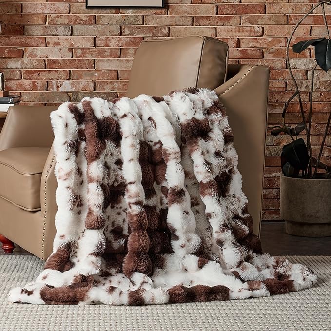 Lotus Karen Faux Fur Throw Blanket Cow Print-Dark Brown, Fluffy Fuzzy Plush Bubble Blanket for Couch, 60x50 Inches Cozy Shaggy Rabbit Blanket, Luxury Decorative Gifts for Sofa Bedroom Living Room.