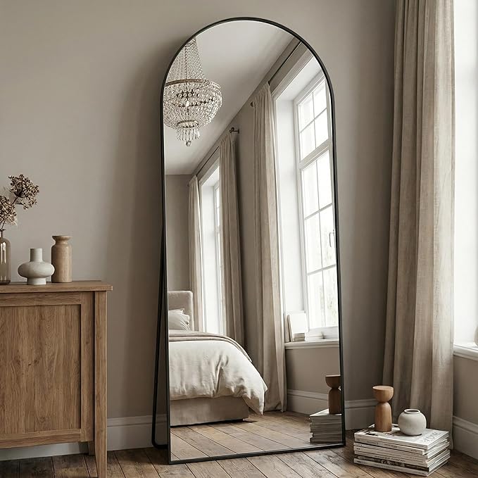 Antok Full Length Floor Mirror Arched Standing Mirror with Aluminum Frame - Freestanding Wall Mount Leaning Body Mirror for Bedroom Living Room Entryway, 58" L x 21" W, Black