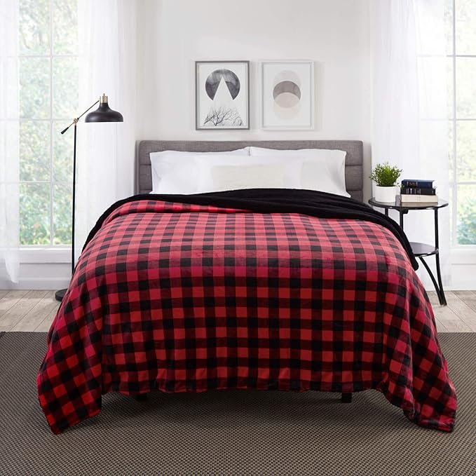 Genteele Sherpa Throw Blanket Super Soft Reversible Ultra Luxurious Plush Blanket, 90 x 90 inches, Buffalo Check Red/Black