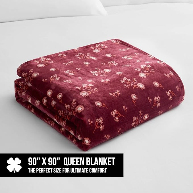 Lucky Brand Daisy Red Floral 90"X90" Cozy Plush Blanket - Premium Microfiber Throw for Luxurious Comfort and Style Full/Queen Size