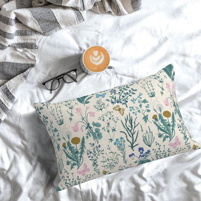 AEIOAE Spring Pillow Covers 12x20 Inch Set of 2,Blue Teal Wild Flower Plant Throw Pillows Case,Seasonal Floral Outdoor Decorative Linen Farmhouse Decor Cushion Covers for Home Sofa Bed Couch