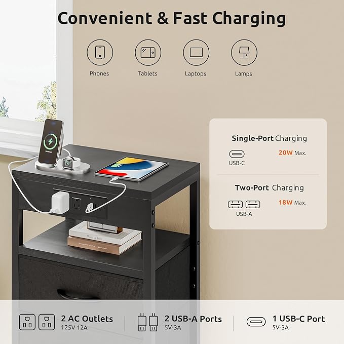 NightStand Bedside Charging Table Bedroom - Night Stand with Charger Station, Black Modern Bed Side End Table with Open Shelf & 3 Fabric Drawers, USB-C Port for Dorm, Living Room