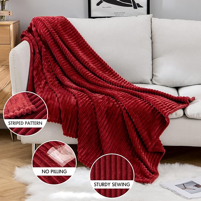 MIULEE Fleece Throw Blanket for Couch 300GSM Super Soft Lightweight Plush Striped, Burgundy Red Warm Cozy Breathable Ribbed Blanket for Bed/Sofa, Throw Size 50"x60"