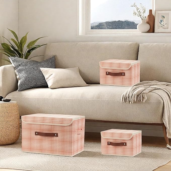 2PCS Storage Boxes with Lid 3D Textured Fabric Storage Bins Closet Organizer Containers Decorative Collapsible Washable Shelf Baskets with Faux Leather Handles (Light Salmon, Small Size)