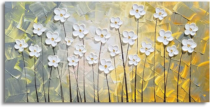 SYGALLERIER White Flower Canvas Wall Art Hand Painted Heavy Textured Paintings Yellow and White Pictures Contemporary Artwork for Living Room Bedroom Dinning Decor